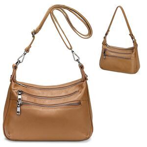 3452 Real Leather Shoulder Bag Medium Size Handbag Purse with Multiple Zip